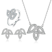 欧美s925银戒指叶子项链，锆石耳钉设计感hw纯银首饰套装三件套
