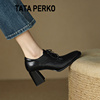 TATA PERKO联名黑色真皮深口单鞋女系带方头皮鞋高跟鞋粗跟高级感