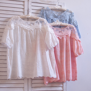 韩国夏季纯棉蕾丝刺绣娃娃衫，宽松蝙蝠衫文艺休闲短袖衬衫女