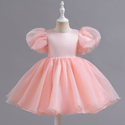 女童晚礼服泡泡短袖短款缎面蓬蓬后背开叉粉红色公主裙连衣裙M125