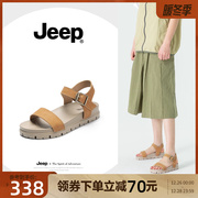 jeep简约厚底松糕凉鞋女2023夏季一字带，坡跟百搭沙滩罗马凉鞋