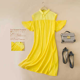 高级感柠檬黄夏装宽松时尚网红亚麻雪纺短袖连衣裙
