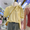 十三行夏季韩系圆领泡泡袖套头黄色衬衣百搭洋气小众宽松短袖上衣