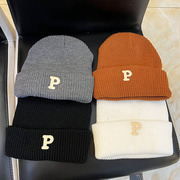 秋冬儿童帽子2-12岁男女童时尚字母p针织帽，学生保暖毛线帽套头帽