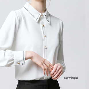 白色明线雪纺衬衫女长袖设计感小众上衣春秋OL风气质职业面试衬衣