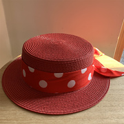 帽子女夏天英伦草帽平顶短檐小礼帽红色防晒沙滩度假海边太阳帽子