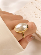 大珍珠戒指女小众设计时尚个性轻奢高级钛钢指环开口可调节独特