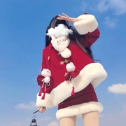 新年猫外套jk冬季单排扣红色，上衣圆领加绒加厚甜美可爱少女中国风