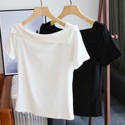 韩国单~小众设计感露肩，一字领t恤女短袖，修身显瘦韩版体恤上衣春夏