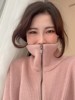 Halo nini 很韩很好穿 粉色双拉链纯色毛衣女内搭打底衫针织外套
