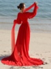 沙漠旅游拍照红色飘带拖尾长裙，小v领收腰显瘦仙女气质拖地连衣裙