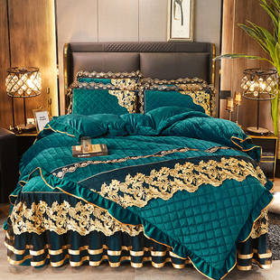 冬季保暖加厚床裙式法莱绒四件套珊瑚绒被套法兰绒床罩床单1.8米