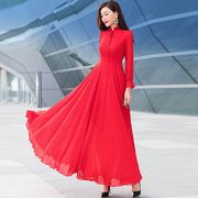 秋季红色雪纺长袖连衣裙女2023显瘦减龄时尚过膝复古长款裙子