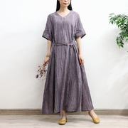 原创设计灰紫色复古亚麻连衣裙，女宽松大码长袍子系带长裙文艺茶服