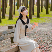 原味奶茶原创设计秋冬内搭法式优雅赫本风领结长袖连衣裙米色