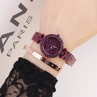  女紫色水钻士小巧时装潮流手表个性时尚石英玫瑰国产腕表