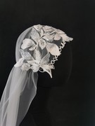2023复古新娘串珠蕾丝包头头纱水晶纱长款婚纱摄影凹造型道具