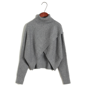 秋冬季韩版高领短款不规则设计感交叉毛衣宽松针织衫女蝙蝠衫