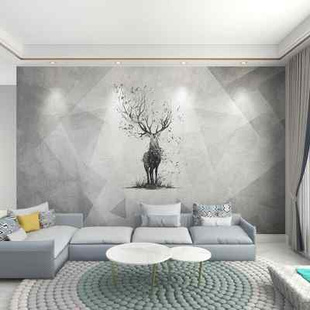北欧电视背景墙壁纸几何图形简约麋鹿墙布客厅，沙发卧室影视墙壁画