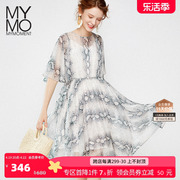 mymo蛇纹印花连衣裙，m2l215j朗黛夏季气质圆领雪纺中长裙