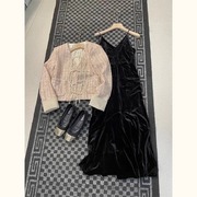 春季2024新中式外套国风高端女装轻奢黑色金丝绒连衣裙子套装