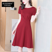连衣裙2023女酒红色夏季气质收腰法式复古修身高级短袖大码裙