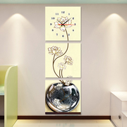 无框画挂钟竖版走廊艺术花瓶，三联画钟表静音时针客厅玄关装