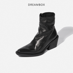 dreambox钧博高档马皮尖头，粗跟切尔西靴，秋冬美式复古风瘦瘦靴