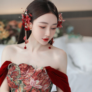 新娘礼服头饰韩式超仙美酒红色，花朵耳挂森系甜美头花敬酒服配饰品