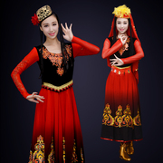 维吾尔族舞蹈演出服新疆舞表演舞台装长款红色少数民族舞台装定制