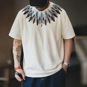 马登工装美式复古印第安羽毛，印花短袖做旧宽松民族风t恤男夏