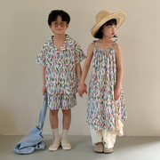 童裙2024夏款男女童韩版满印涂鸦连衣裙儿童短袖短裤两件套兄妹装