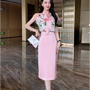 夏季名媛淑女气质短袖蝴蝶结衬衫上衣套装时尚粉色半裙两件套