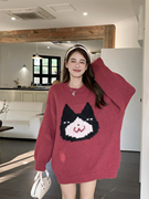 玫红色韩版圆领套头猫咪提花，刺绣慵懒风，宽松显瘦长袖针织毛衣
