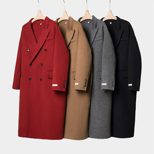 2024新年红色宽松双排扣羊毛绒大衣长款咖色双面呢黑灰色加厚外套