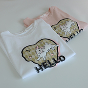 2023夏季日系小清新卡通兔子印花圆领白色短袖T恤女粉色上衣