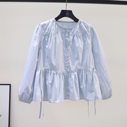 褶皱设计浅蓝色小衫女棉布娃娃衫2023春季韩版时尚宽松长袖衬衣潮