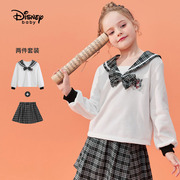 迪士尼女童百褶裙两件套春秋儿童海军领长袖T恤+格子短裙JK学院风