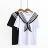 2023夏季韩版大码女士休闲套头衫，时尚圆领海军风，飘带短袖宽松t恤