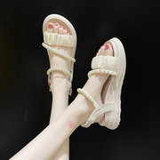 松糕厚底凉鞋女夏外穿2024年珍珠，时尚仙女平底温柔风罗马鞋子