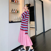 韩国东大门条纹拼接T恤裙2023年大码女夏装中长款短袖连衣裙