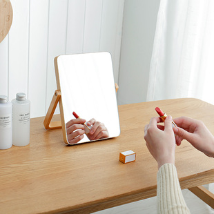 台式化妆镜欧式镜子简约实木梳妆镜，便携式木质台面镜折叠高清美容