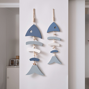 地中海风格木质蓝白鱼串挂件海洋风，家居装饰品蓝，白小鱼(白小鱼)墙壁饰挂饰