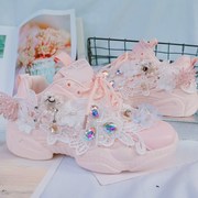 蜜桃粉色蕾丝水钻花朵甜美少女风，老爹鞋松糕，厚底女鞋绑带2020秋款