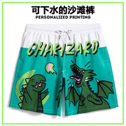 绿色恐龙印花男士沙滩裤夏季短裤可下水透气宽松五分裤温泉游泳裤