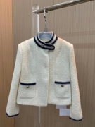 2023秋冬季名媛洋气时尚小众法式显瘦优雅粗纺白色双口袋外套