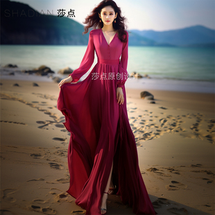 法式连衣裙新玫红色雪纺，长款裙子优雅气质收腰显瘦海边度假沙滩裙