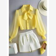 春夏装搭配一整套炸街时尚，减龄雪纺黄色，polo领衬衫休闲裤套装女