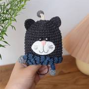 韩版可爱棉毛线抽拉式针织卡通车钥匙扣配件挂件编织小黑猫钥匙包