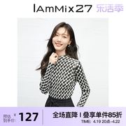 iammix27半高圆领套头毛衫，女修身显瘦黑白格子绵羊毛针织打底衫女